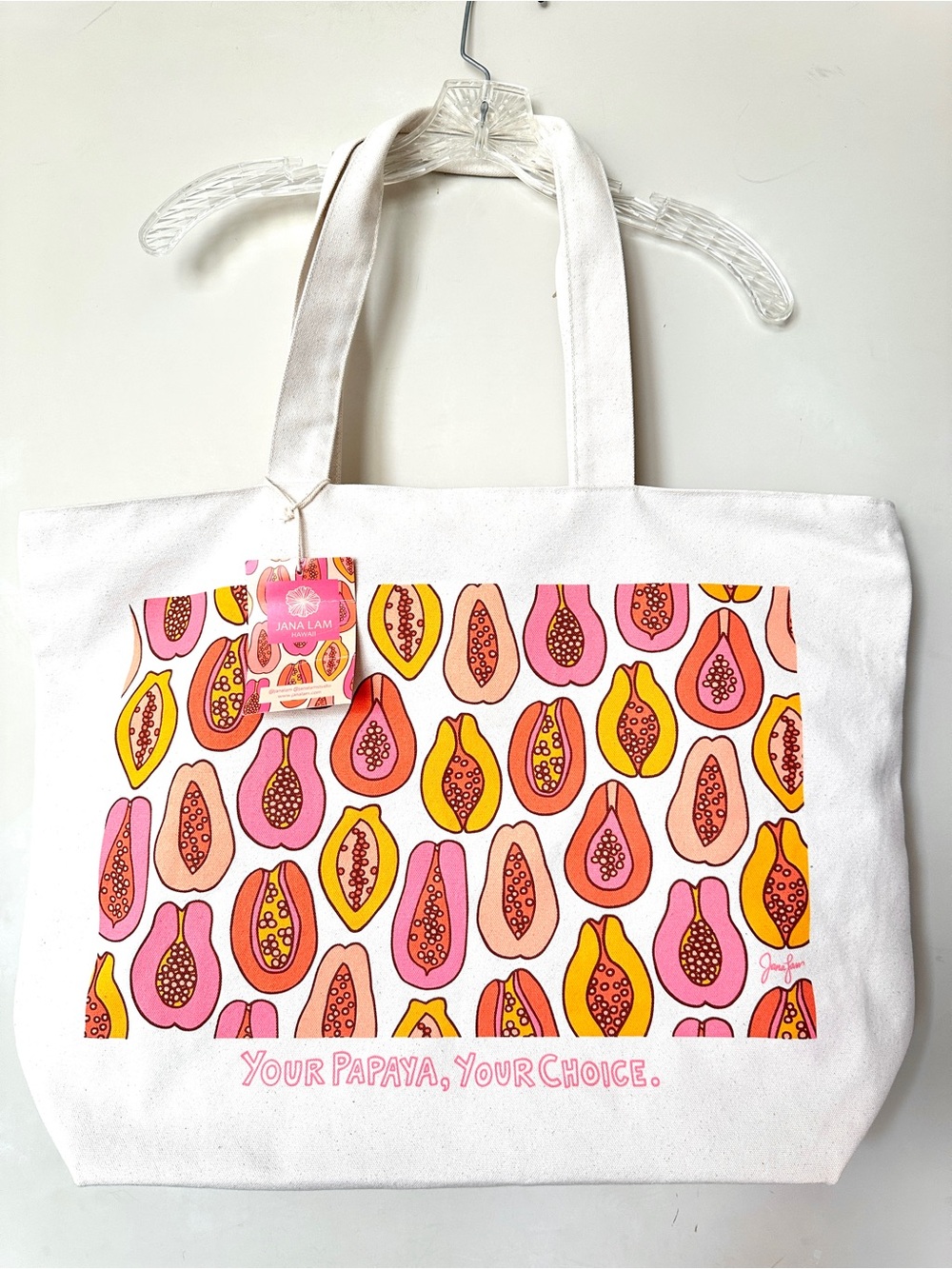 NWT Jana Lam Papaya Print Organic Cotton Canvas Tote in Pink & Yellow